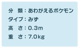 分類:あわがえるポケモン、タイプ:みず、高さ:0.3m、重さ:7.0kg