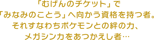 「むげんのチケット」で「みなみのことう」へ向かう資格を持つ者。それすなわちポケモンとの絆の力、メガシンカをあつかえし者…