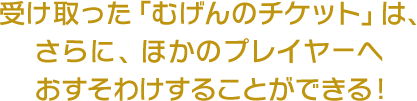 受け取った「むげんのチケット」は、さらに、ほかのプレイヤーおすそわけすることができる！