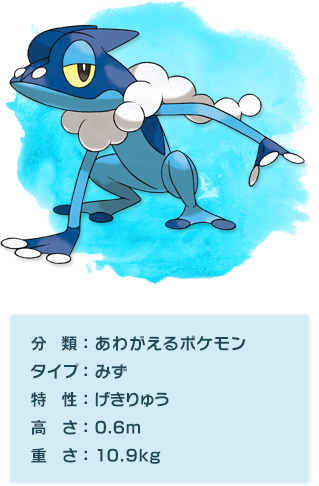 ゲコガシラ　分類：あわがえるポケモン、タイプ：みず、特性：げきりゅう、高さ：0.6m、重さ：10.9kg