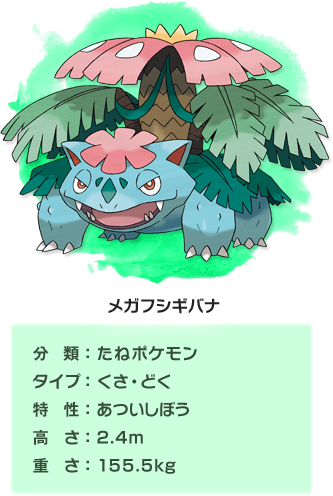 メガフシギバナ　分類：たねポケモン、タイプ：くさ・どく、特性：あついしぼう、高さ：2.4m、重さ：155.5kg