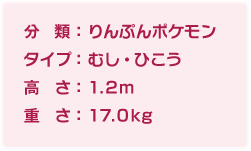 分類:りんぷんポケモン、タイプ:むし・ひこう、高さ:1.2m、重さ:17.0kg