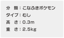 分類:こなふきポケモン、タイプ:むし、高さ:0.3m、重さ:2.5kg