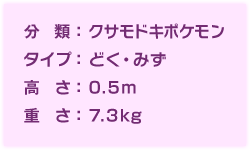 分類:クサモドキポケモン、タイプ:どく・みず、高さ:0.5m、重さ:7.3kg