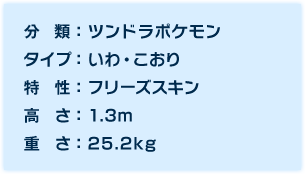 分類：ツンドラポケモン、タイプ：いわ・こおり、特性：フリーズスキン、高さ：1.3m、重さ：25.2kg
