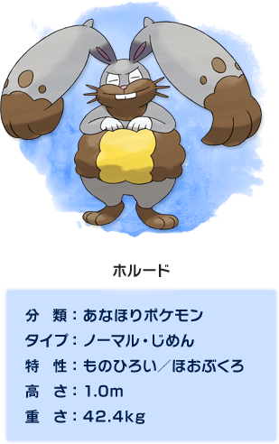 ホルード
　分類：あなほりポケモン、タイプ：ノーマル・じめん、特性：ものひろい／ほおぶくろ、高さ：1.0m、重さ：42.4kg