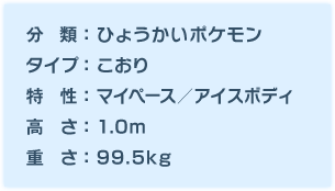 分類：ひょうかいポケモン、タイプ：こおり、特性：マイペース／アイスボディ、高さ：1.0m、重さ：99.5kg